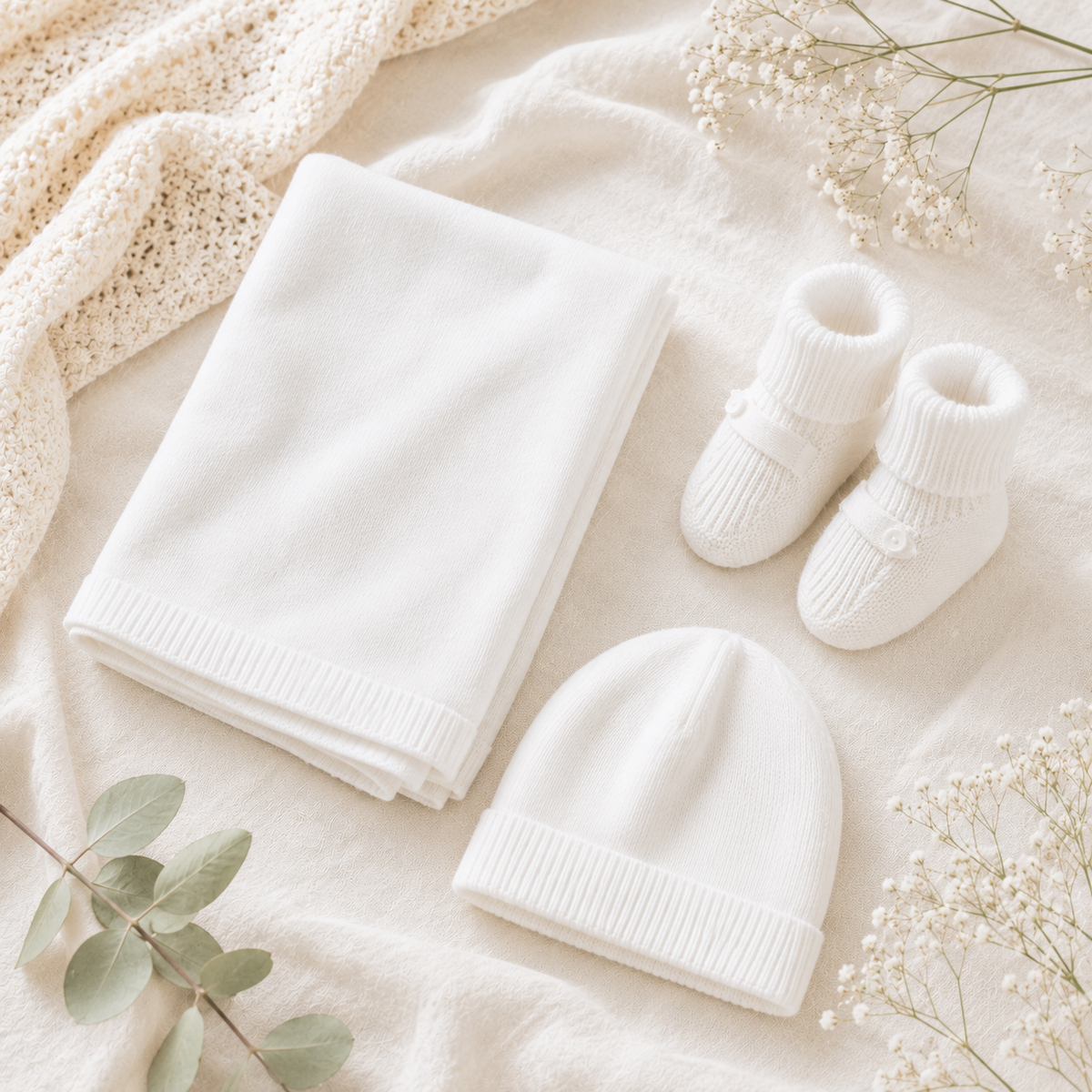 Organic Milan Dove White Round Hat Sweater Knit Baby Beanie Hat with matching Baby Booties and Baby Blanket