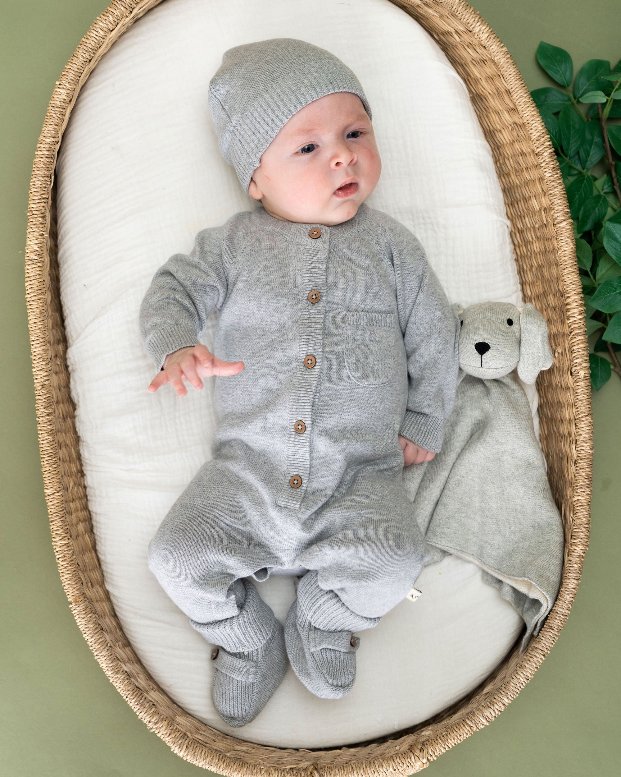 Milan Knit Classic Baby Round Beanie Hat (Organic Cotton) Grey Heather Model