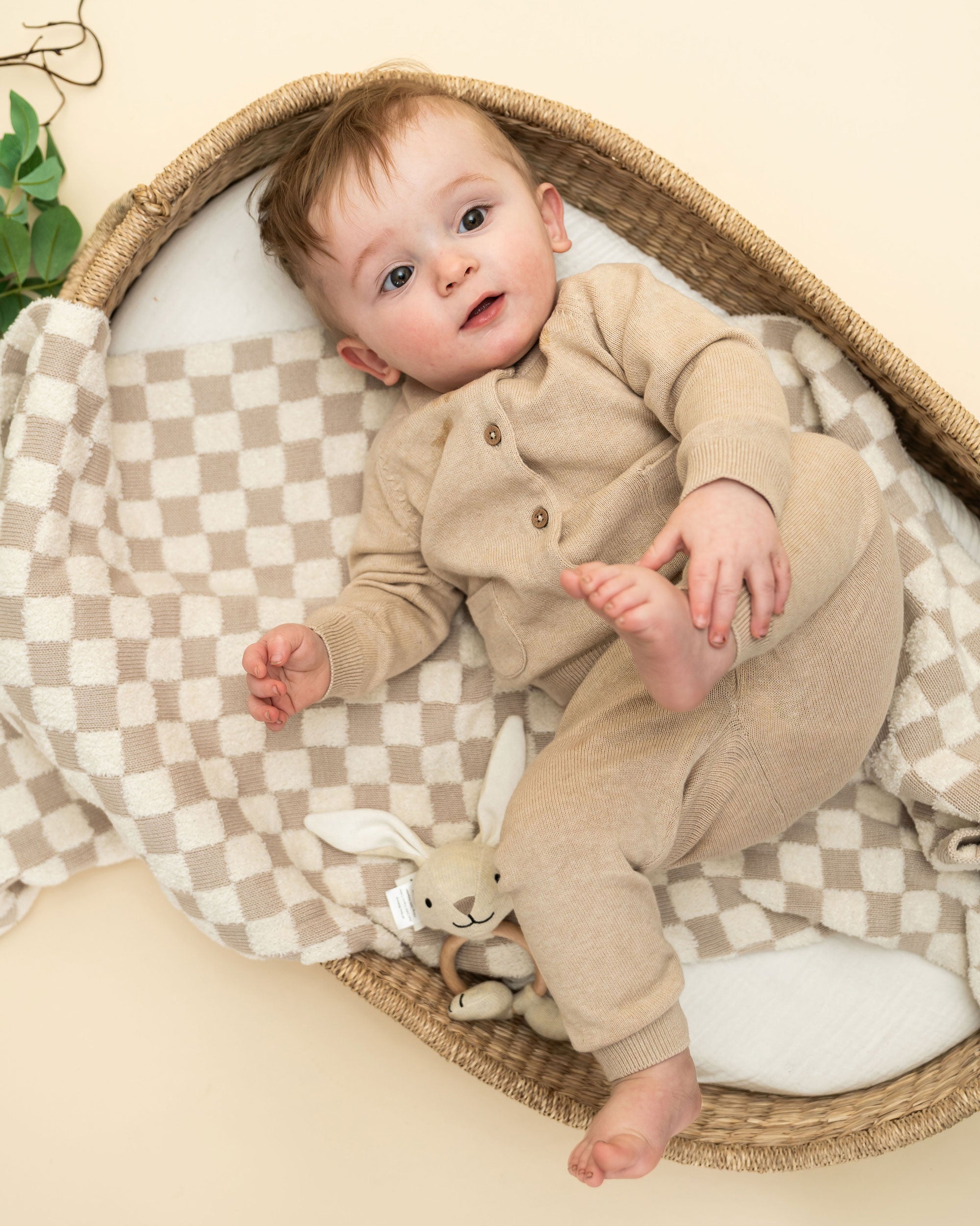 Oat Heather Milan Knit Baby Pocket Pants (Organic Cotton) Model Outfit Set