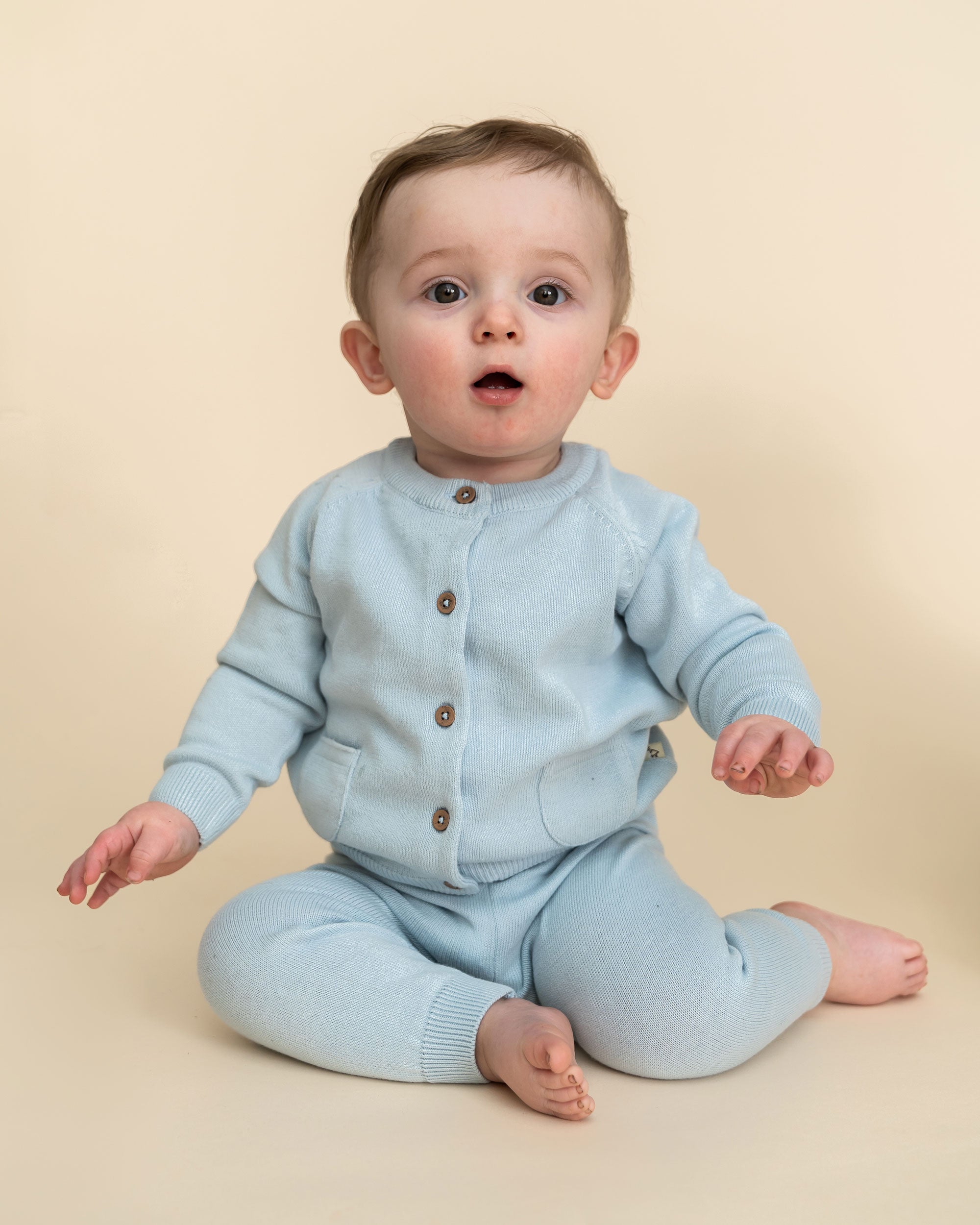 Sky Blue Milan Knit Baby Pocket Pants (Organic Cotton) Model Outfit Set