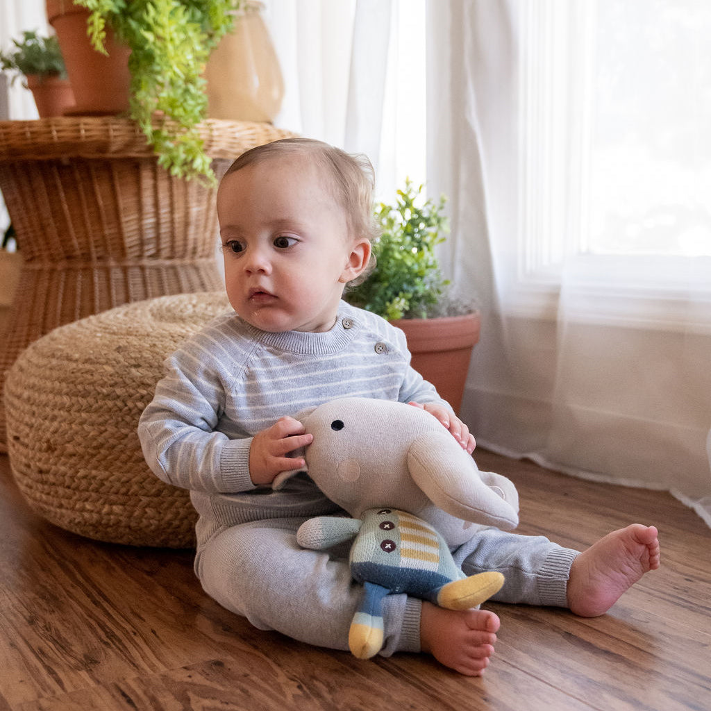 Baby in Heather Grey Stripe Milan Raglan Button Knit Baby Pullover Sweater - Organic Cotton