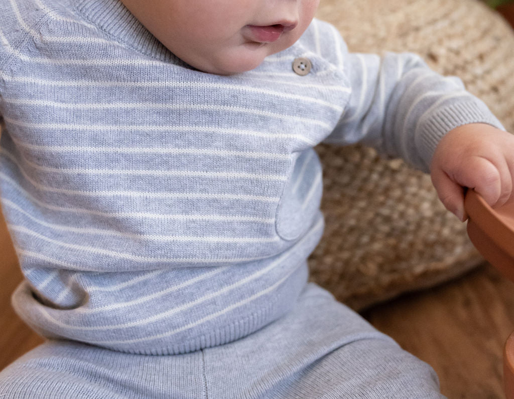 Baby in Heather Grey Milan Raglan Button Knit Baby Pullover Sweater - Organic Cotton