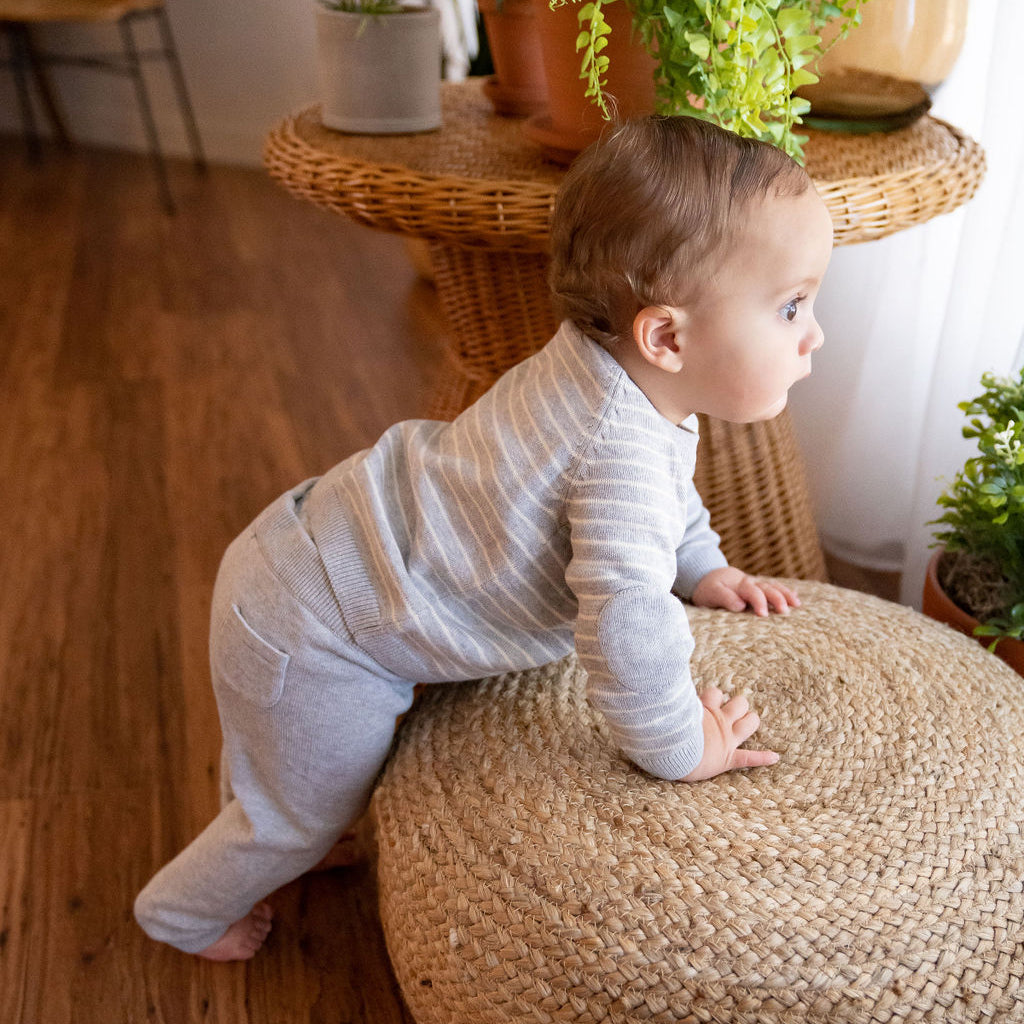 Baby in Heather Grey Milan Raglan Button Knit Baby Pullover Sweater by Viverano