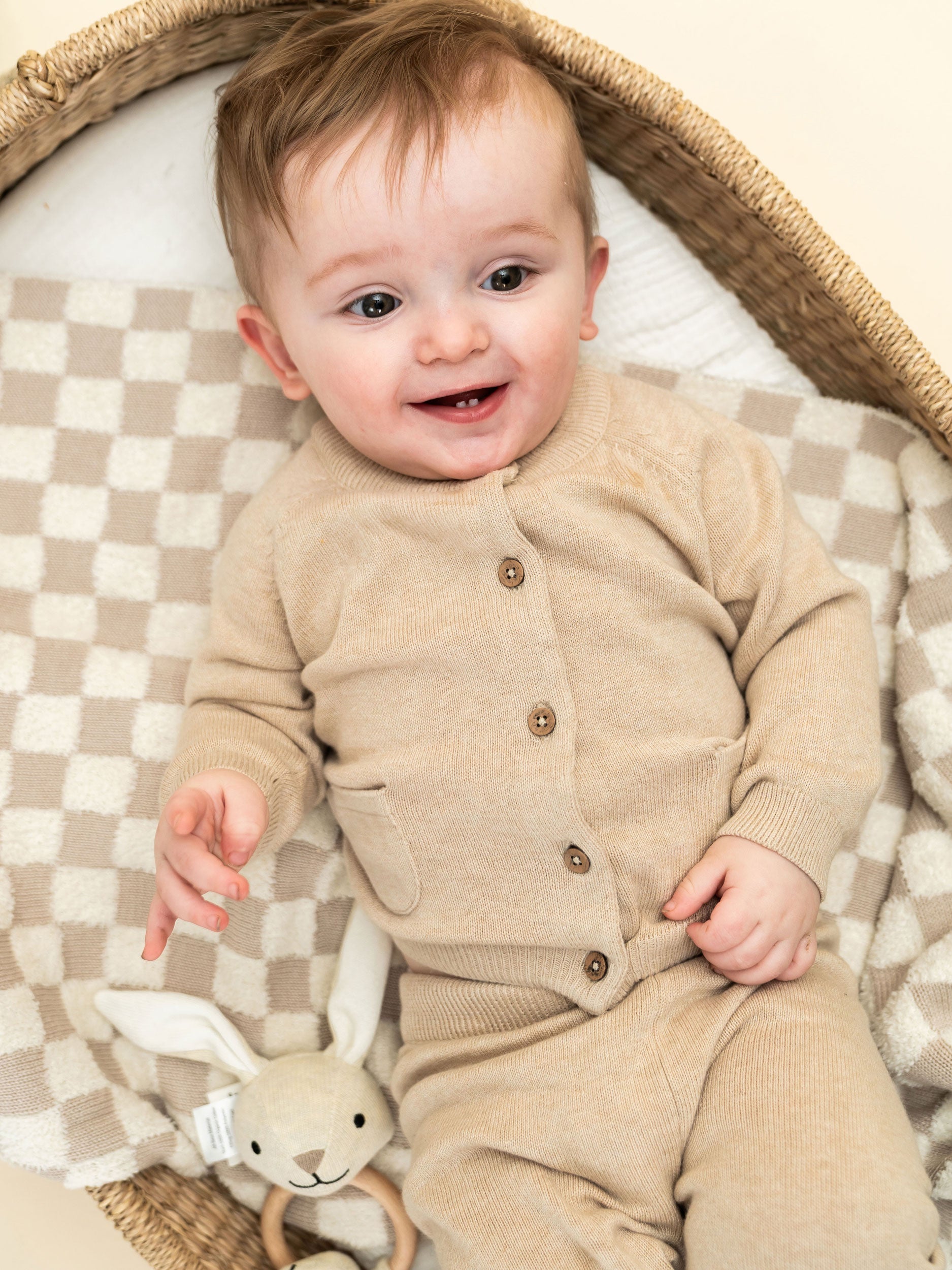 Oat Heather Milan Knit Baby Button Cardigan Sweater (Organic Cotton) Model