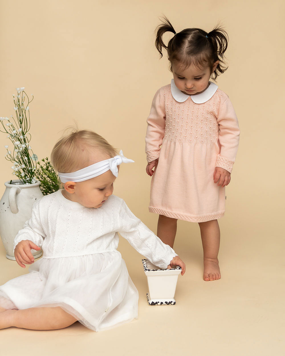 Milan Knit Baby Textured Tutu Dress (Organic Cotton) & Blush Milan Knit Baby Peter Pan Tulip Sweater Dress (Organic Cotton)