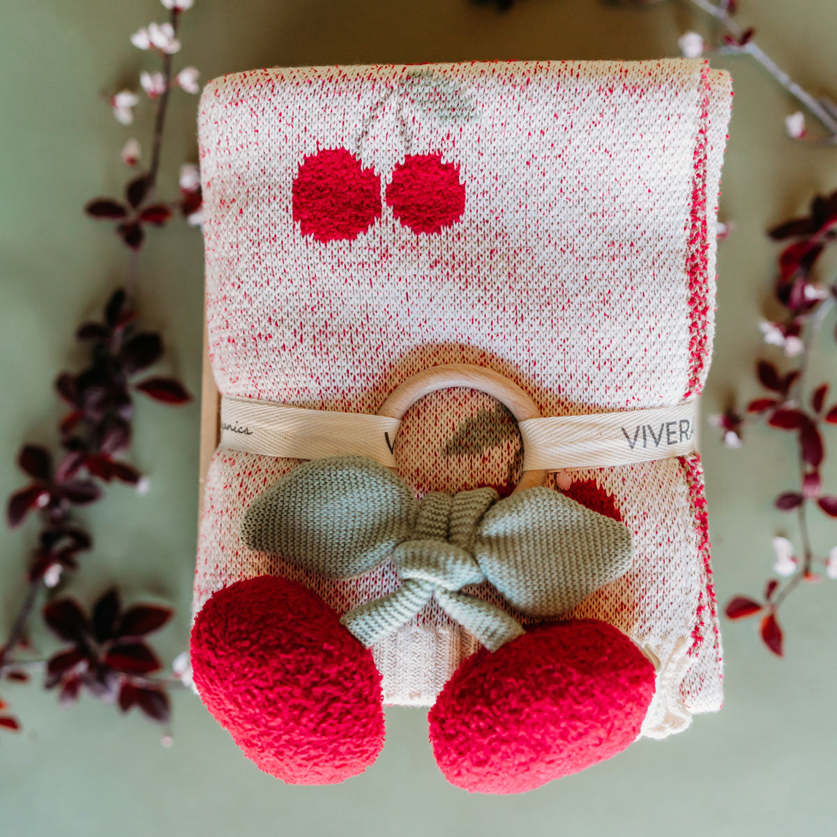 Cherry Organic Baby Blanket + Ring Rattle Toy Gift Set