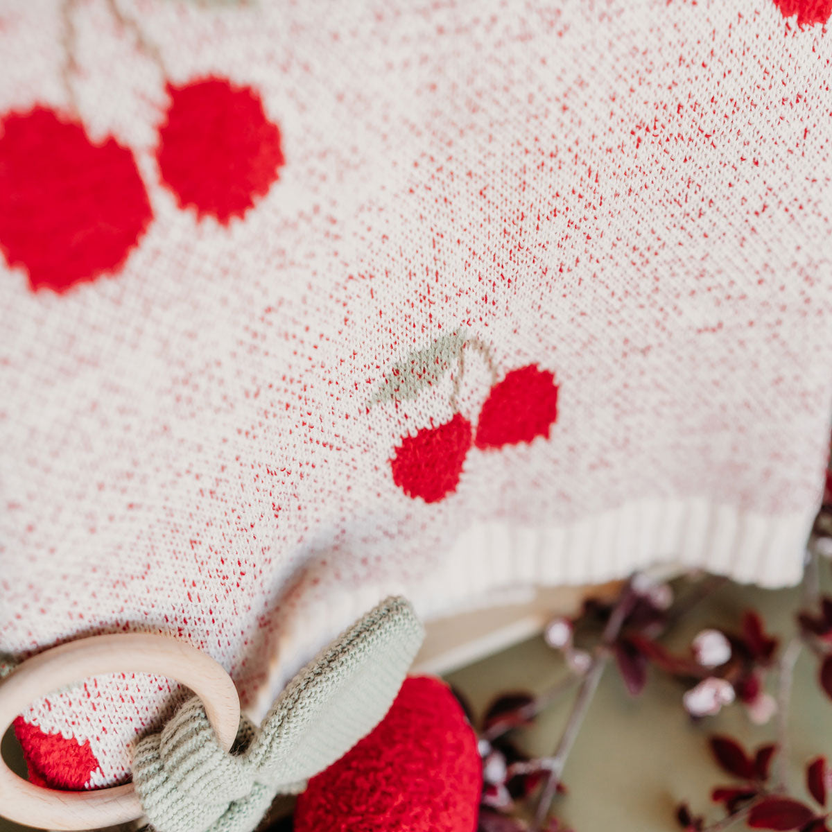 Cherry Organic Baby Blanket + Ring Rattle Toy Gift Set