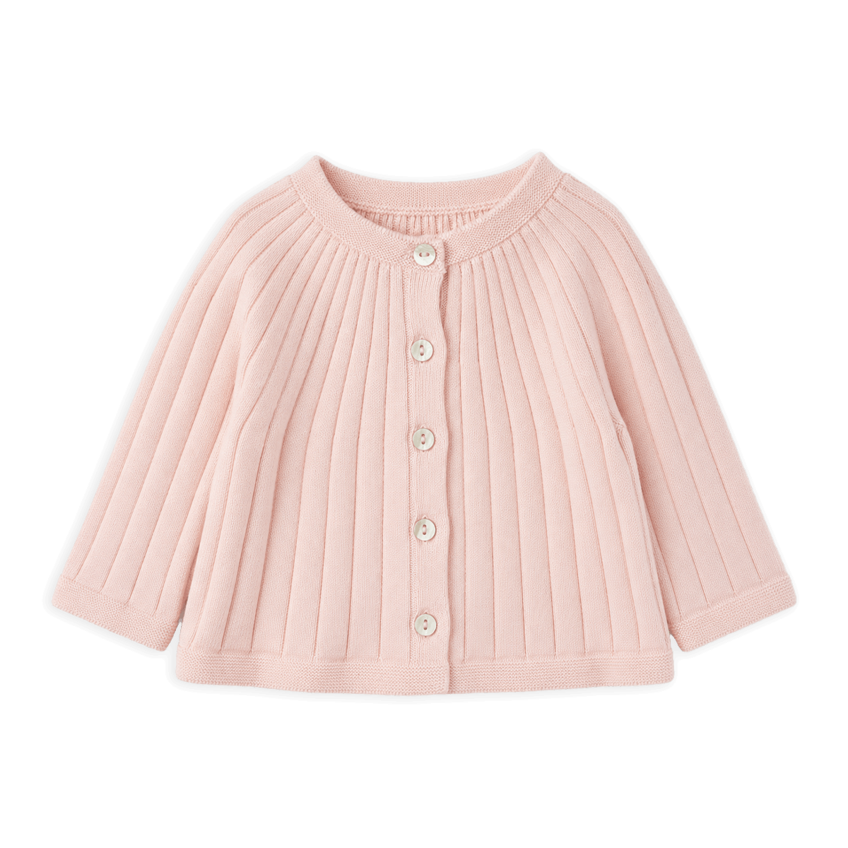 front of milan organic knit baby girl rib cardigan in color blush made with organic cotton