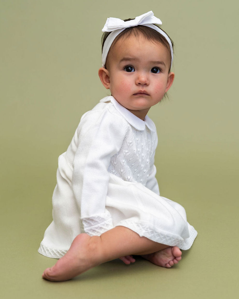 Dove Milan Knit Baby Peter Pan Tulip Sweater Dress (Organic Cotton) Model Sitting