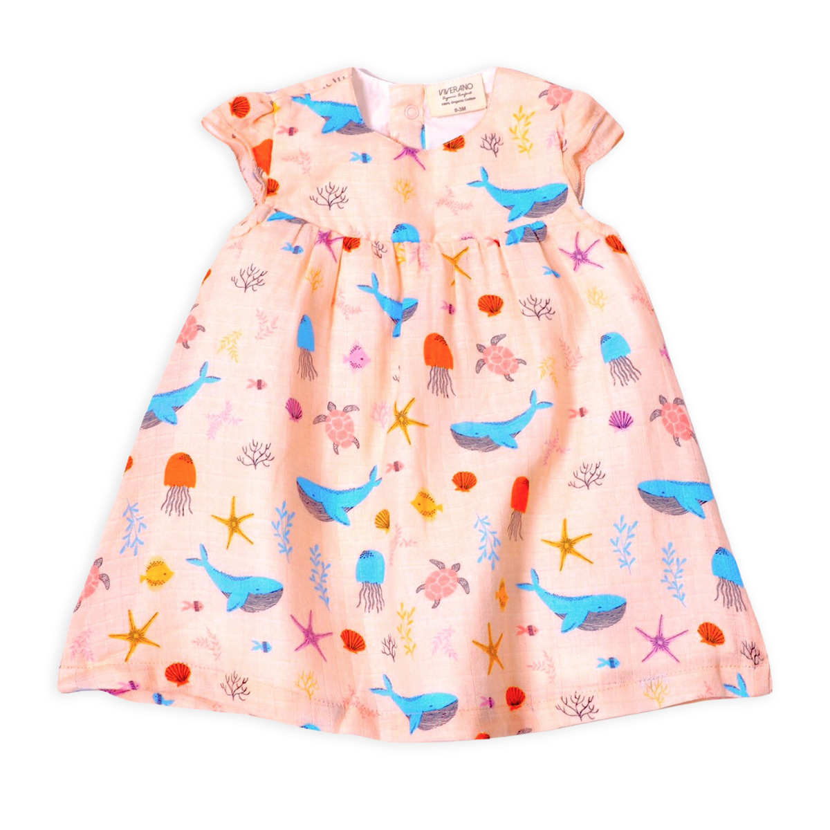 Front of Ocean Bora Bora Ruffled Cap Sleeve Dress+ Bloomer Set made of Organic Muslin