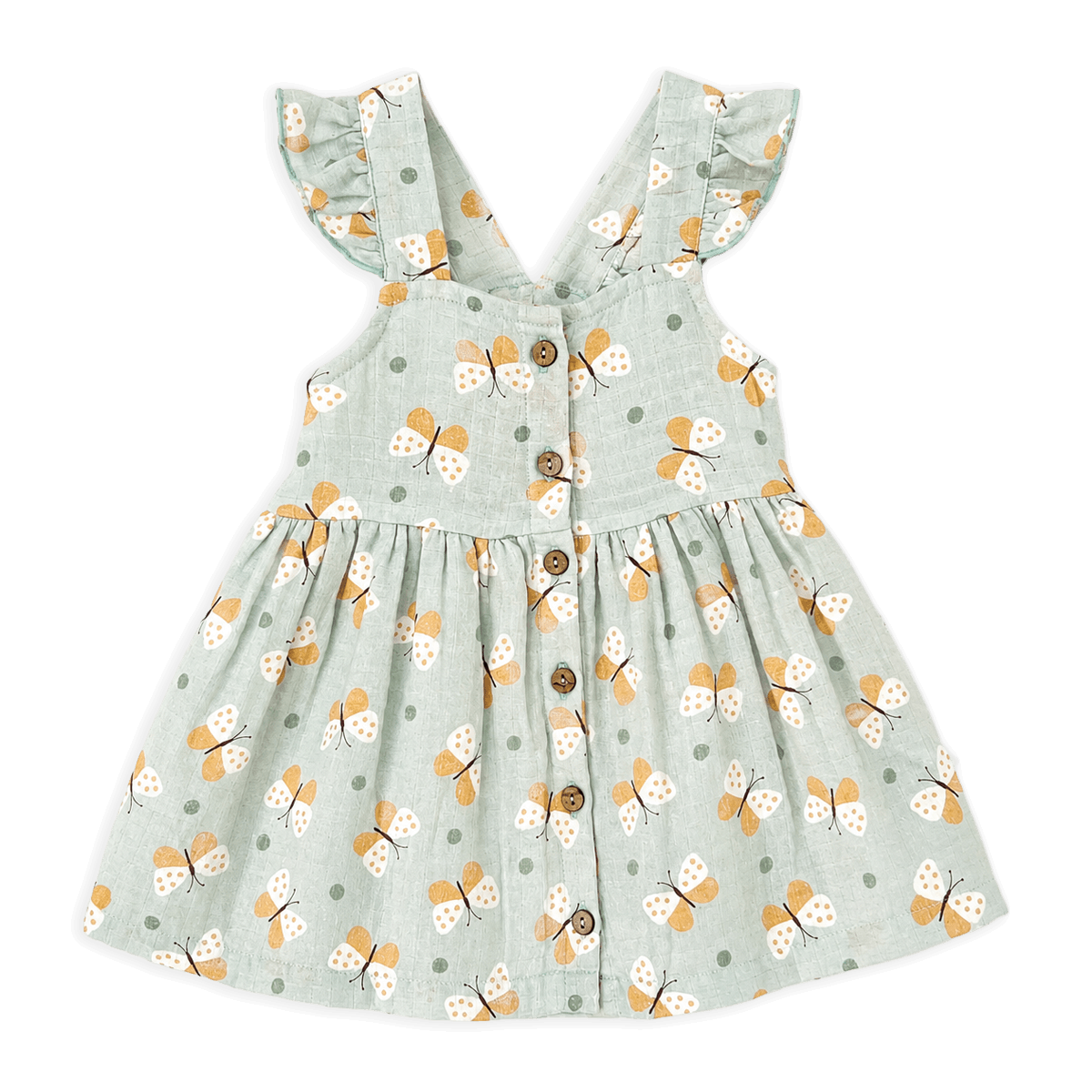 front of butterfly ruffle button baby dress bloomer made of organic muslin