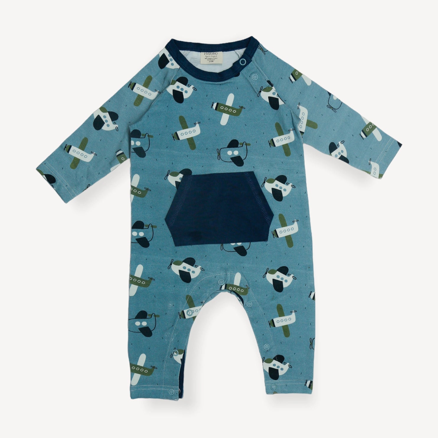 Mono para bebé con bolsillo de canguro y diseño de aviones (jersey orgánico)