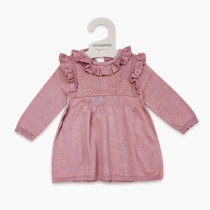 infant sweater dress Ruffle Collar Pointelle Baby Sweater Dress (Organic Cotton) Vintage Rose / 3-6M
