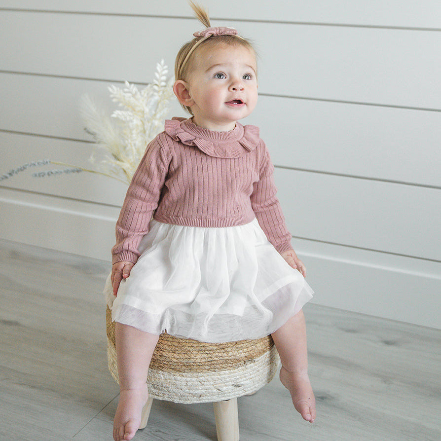 Ruffle Neck Sweater Knit Top & Tutu Baby Dress (Organic Cotton) - 3 Colors Vintage Rose / 18-24M Ruffle Neck Sweater Knit Top & Tutu Baby Dress (Organic Cotton) - 3 Colors Vintage Rose / 18-24M