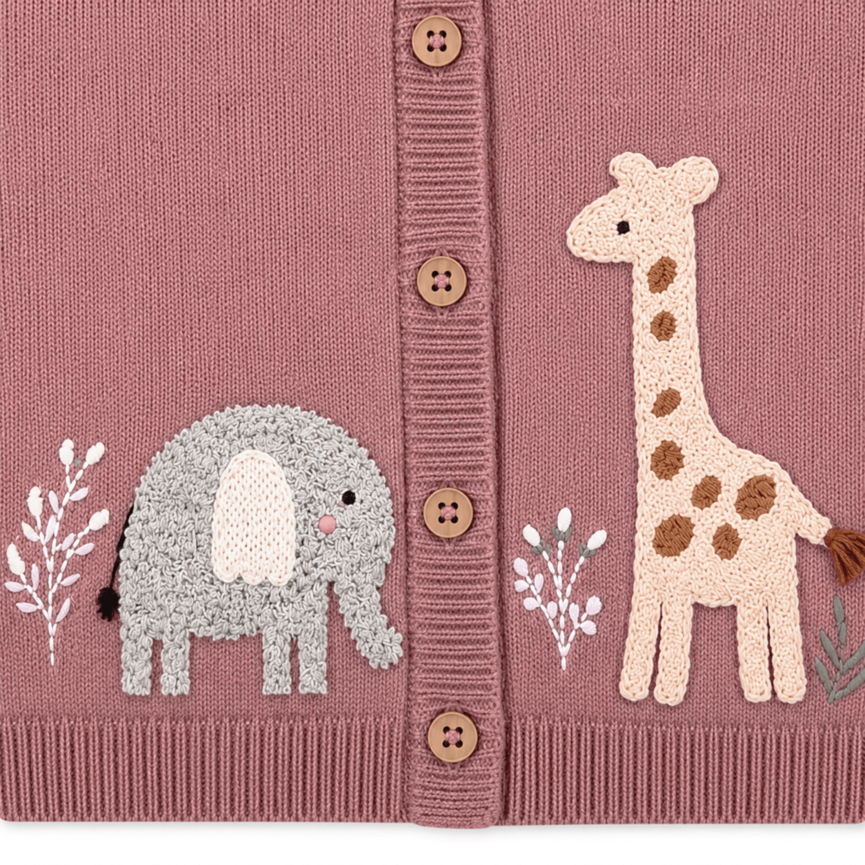 close up of Giraffe Elephant Baby Cardigan Sweater (Organic)