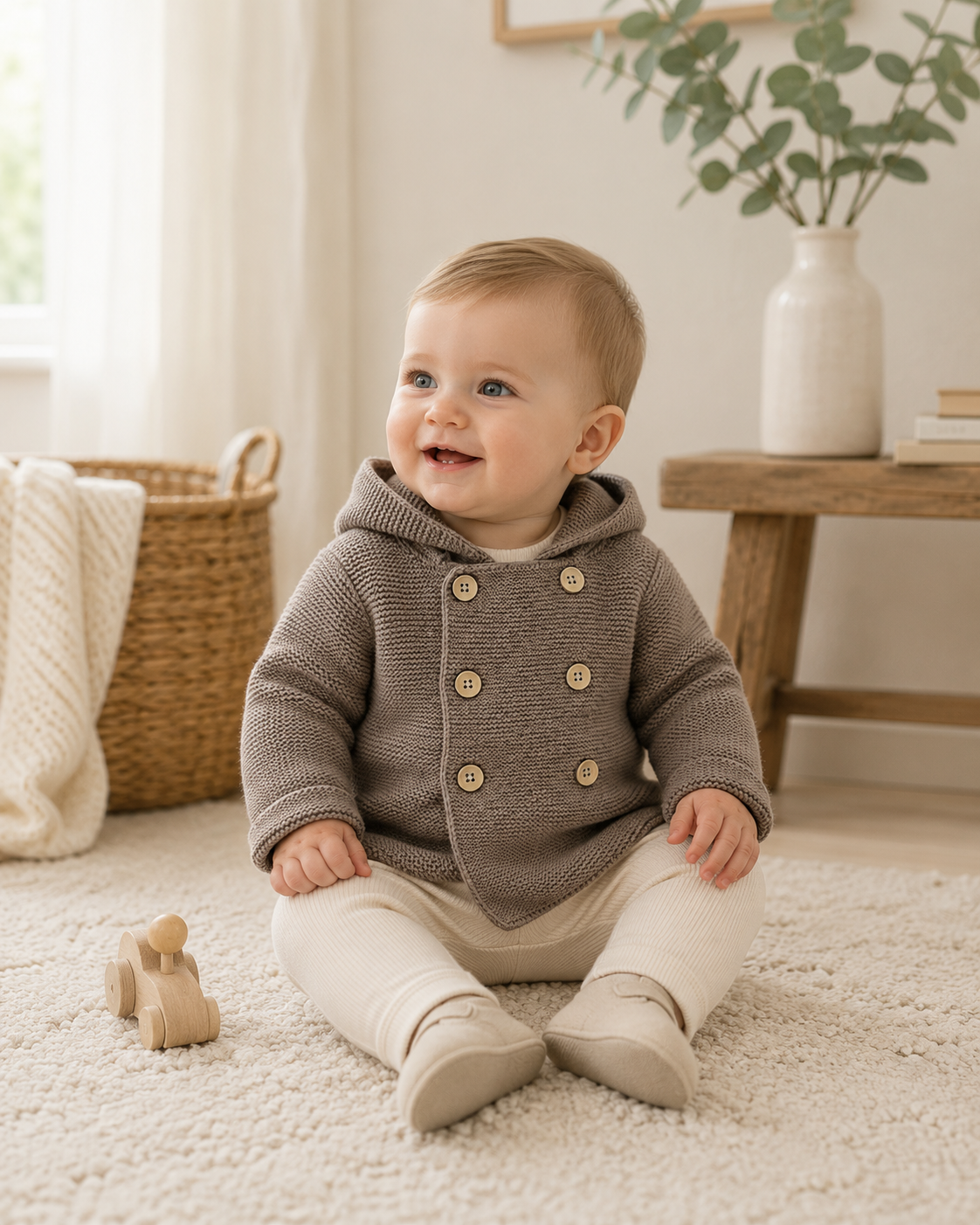 Baby Wearing Cafe Latte Hooded Double Button Baby Coat Jacket, Organic Cotton by Viverano