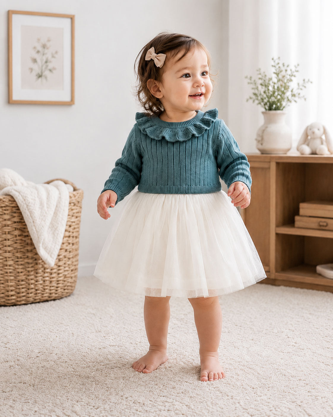 Baby wearing Teal Blue Ruffle Neck Sweater Knit Top & Tutu Baby Dress