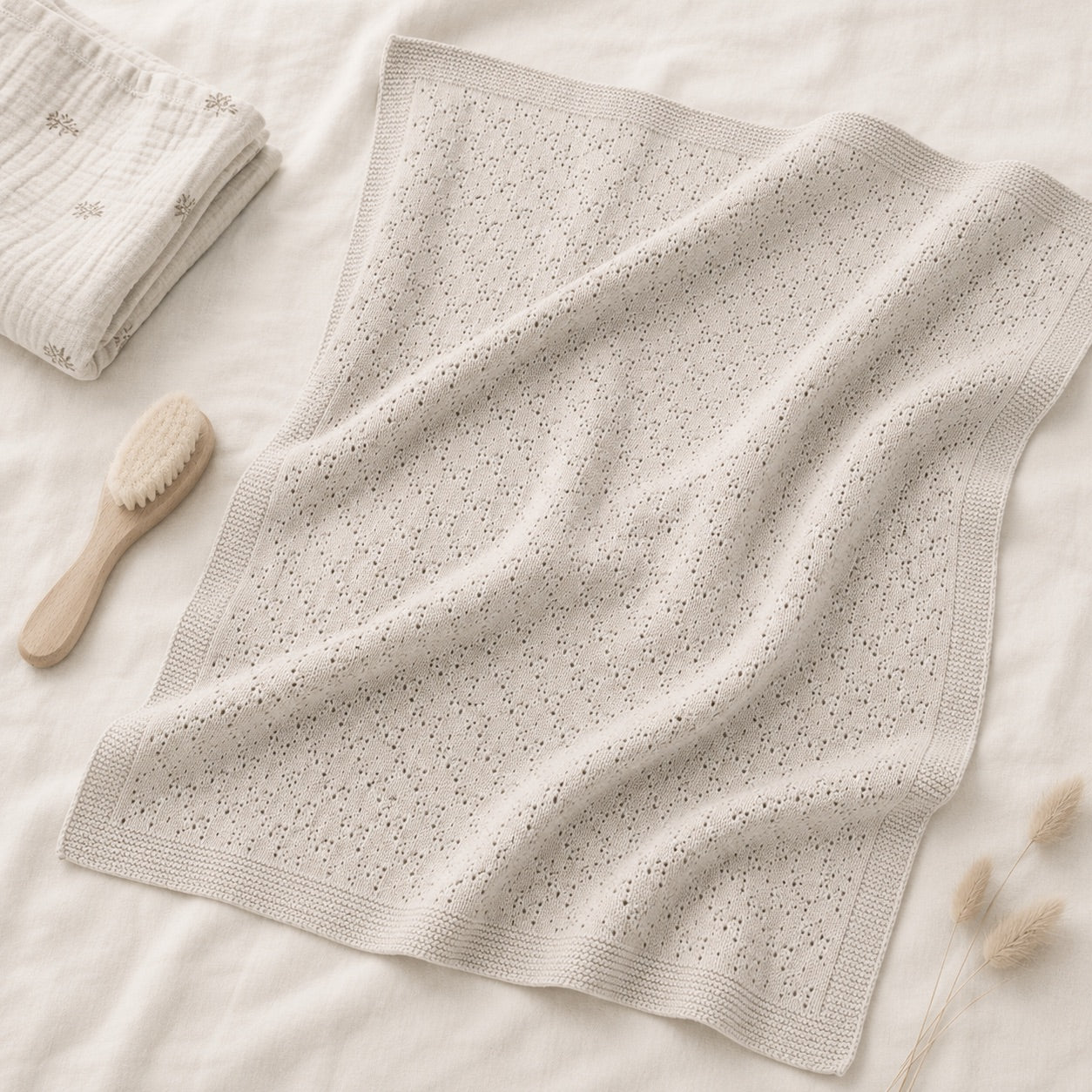 Stone Organic Cotton Pointelle Sweater Knit Baby Blanket