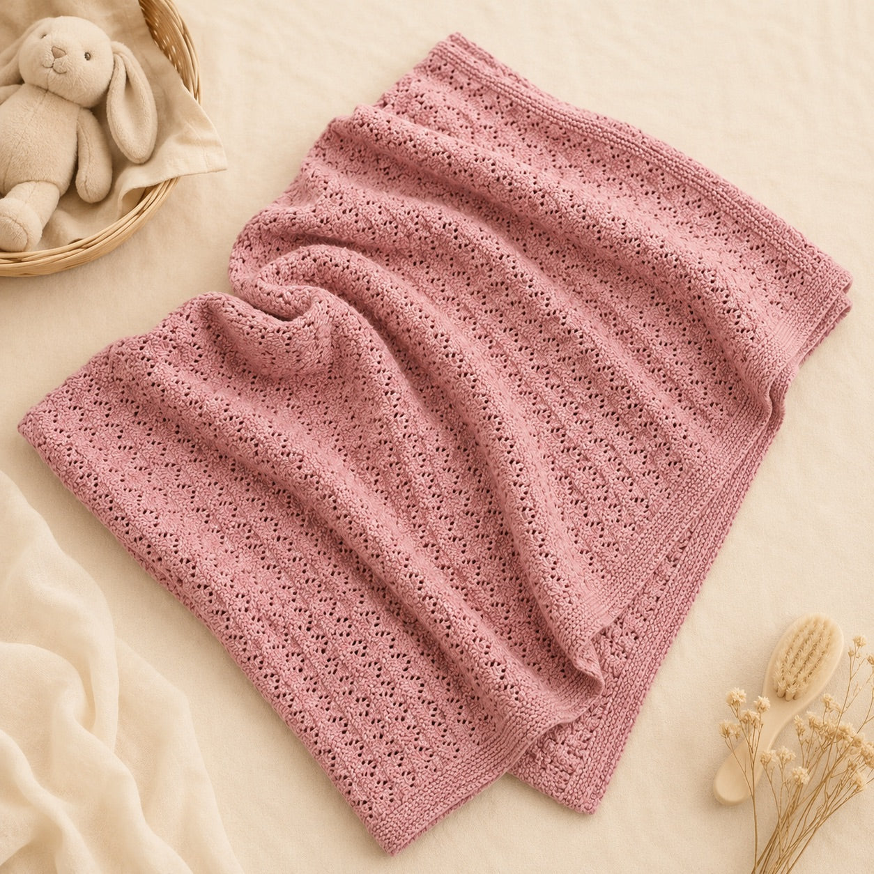 Vintage Rose Pointelle Sweater Knit Organic Cotton Baby Blanket
