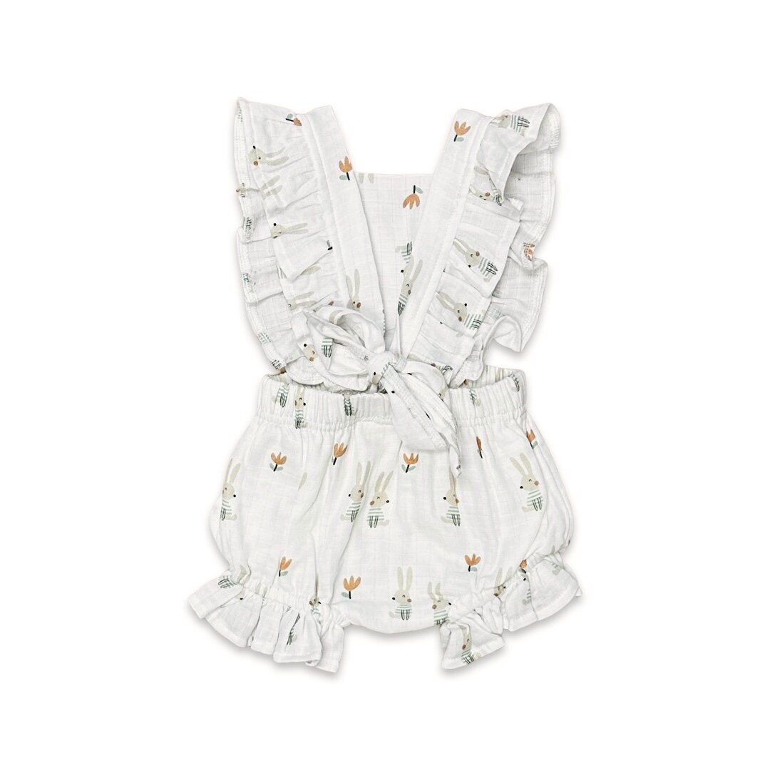 Bunny Ruffle Tie Back Short Romper (Organic Muslin)