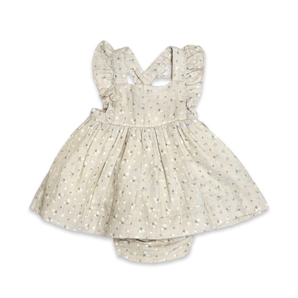 Ditsy Floral Ruffle Cross Back Flare Baby Dress+Bloomer (Organic Muslin) Light Tan / 3-6M