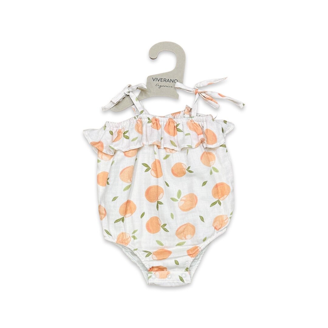 Peaches Shoulder Tie Bubble Romper+Headband (Organic Muslin)