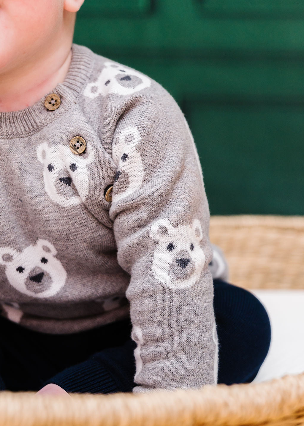 Bear Jacquard Knit Baby Raglan Pullover Sweater (Organic Cotton)