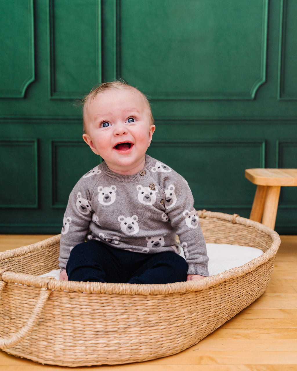 Bear Jacquard Knit Baby Raglan Pullover Sweater (Organic Cotton)