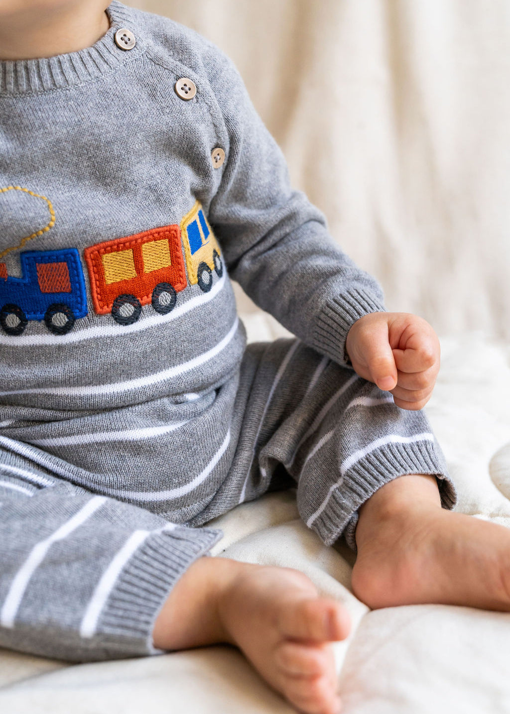 Train Applique Sweater Knit Baby Jumpsuit (Organic Cotton)