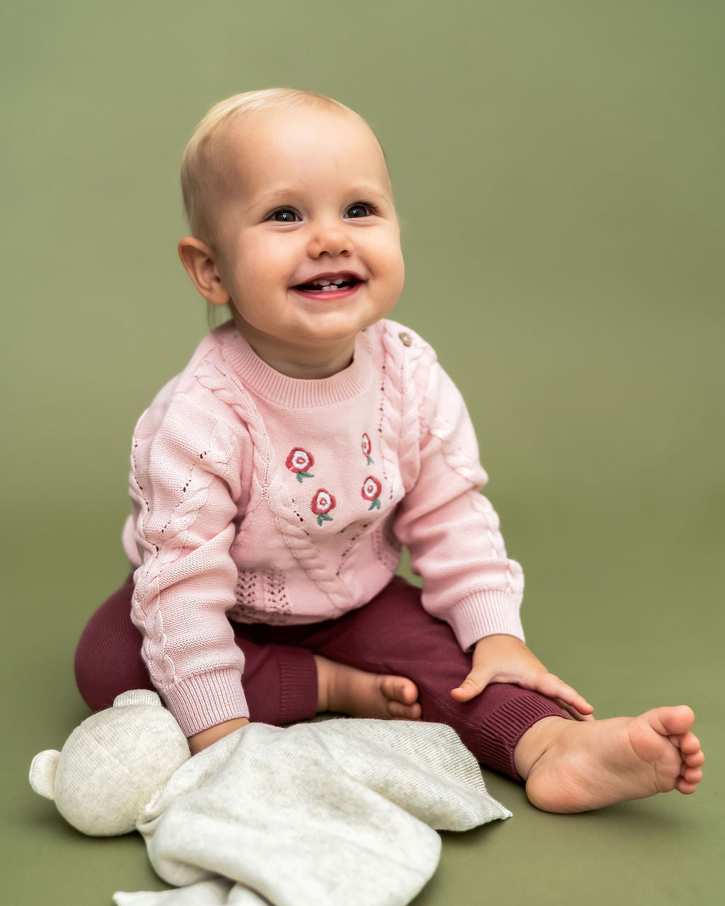 Floral Embroidered Cable Knit Baby Sweater Pullover (Organic Cotton)