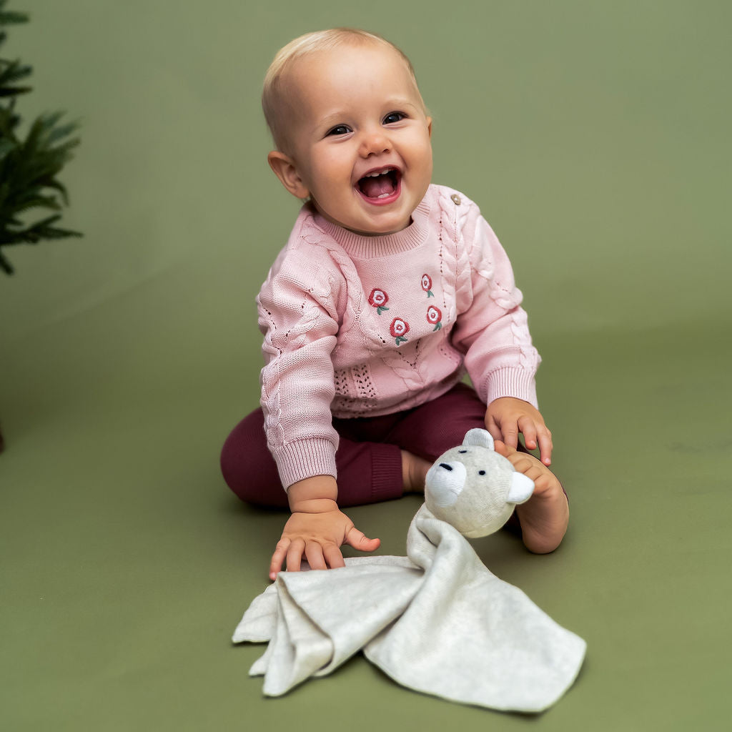 Floral Embroidered Cable Knit Baby Sweater Pullover (Organic Cotton)