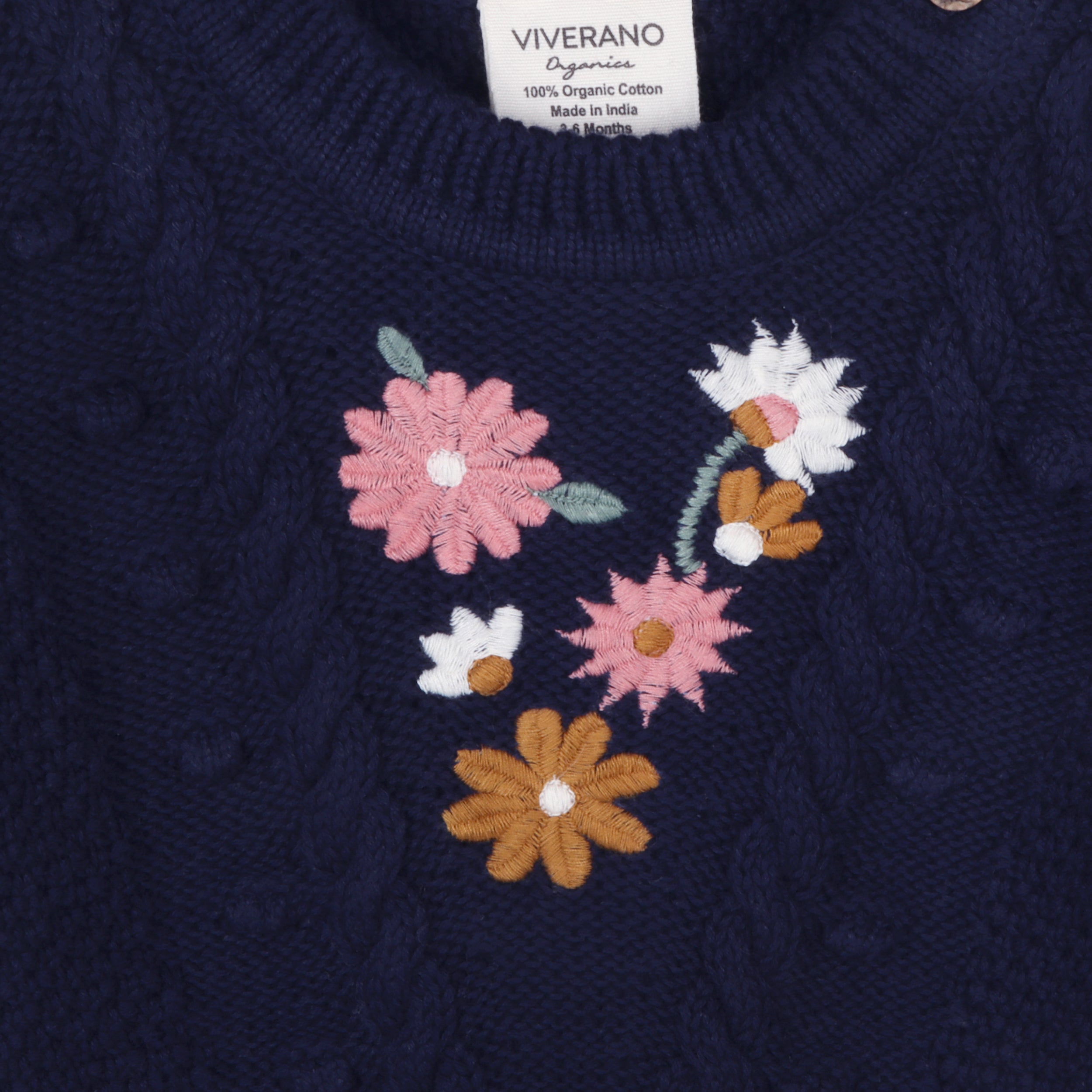 Floral Embroidered Chunky Knit Baby Pullover Sweater (Organic Cotton)