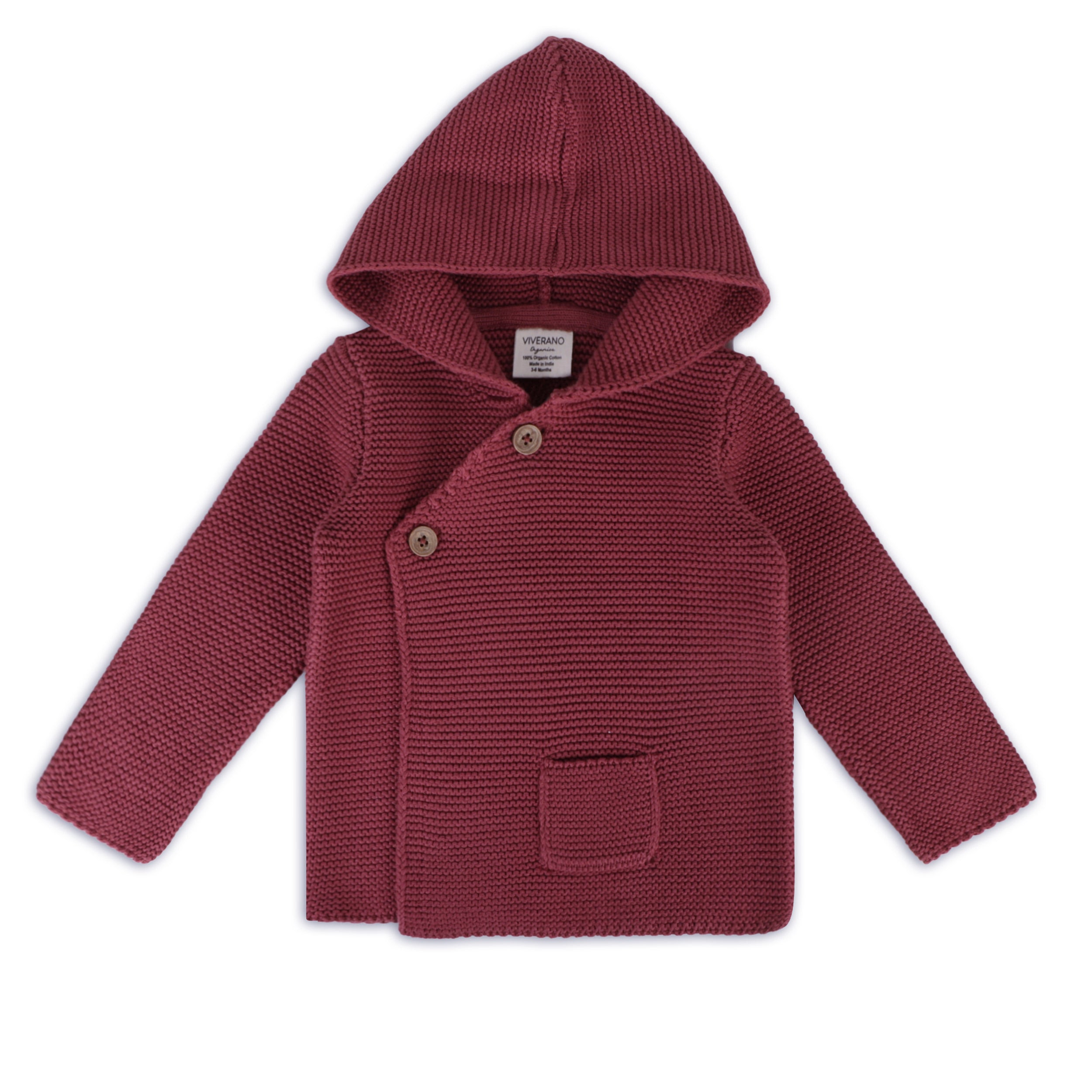Hooded Button & Pocket Sweater Knit Baby Jacket (Organic Cotton)