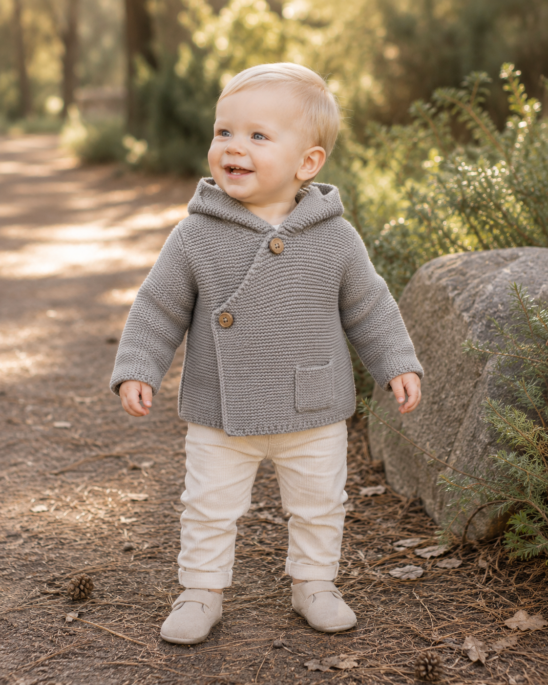 Baby Wearing Heather Grey Hooded Button and Pocket Sweater Knit Baby Jacket, Organic Cotton by Viverano