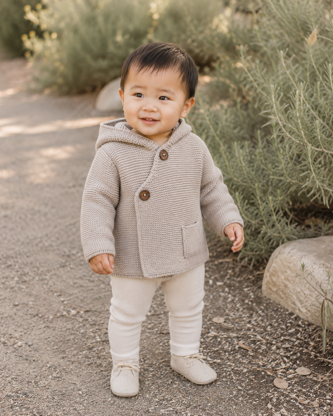 Baby Wearing Oat Heather Hooded Button and Pocket Sweater Knit Baby Jacket, Organic Cotton by Viverano