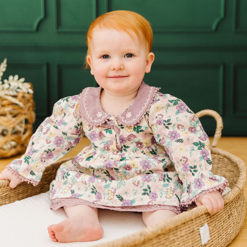 Floral Embroidered Collar Baby Flare Dress & Fancy Bloomer Set (Organic)