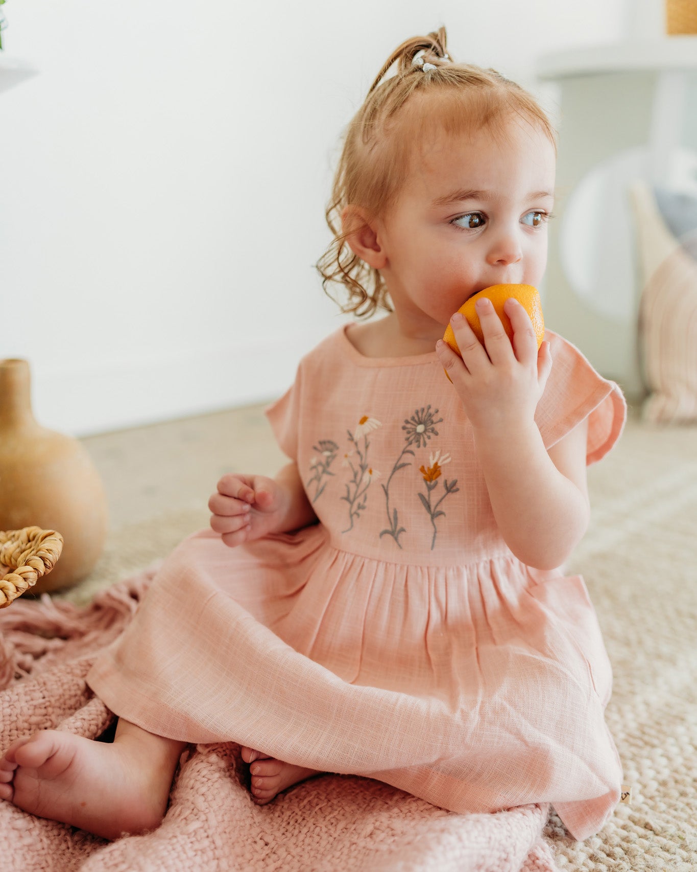 Alicia Embroidered Daisy Baby Dress + Bloomer (Natural Linen Blend)