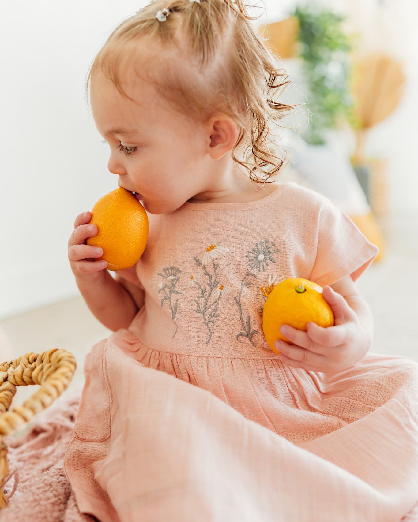 Alicia Embroidered Daisy Baby Dress + Bloomer (Natural Linen Blend)