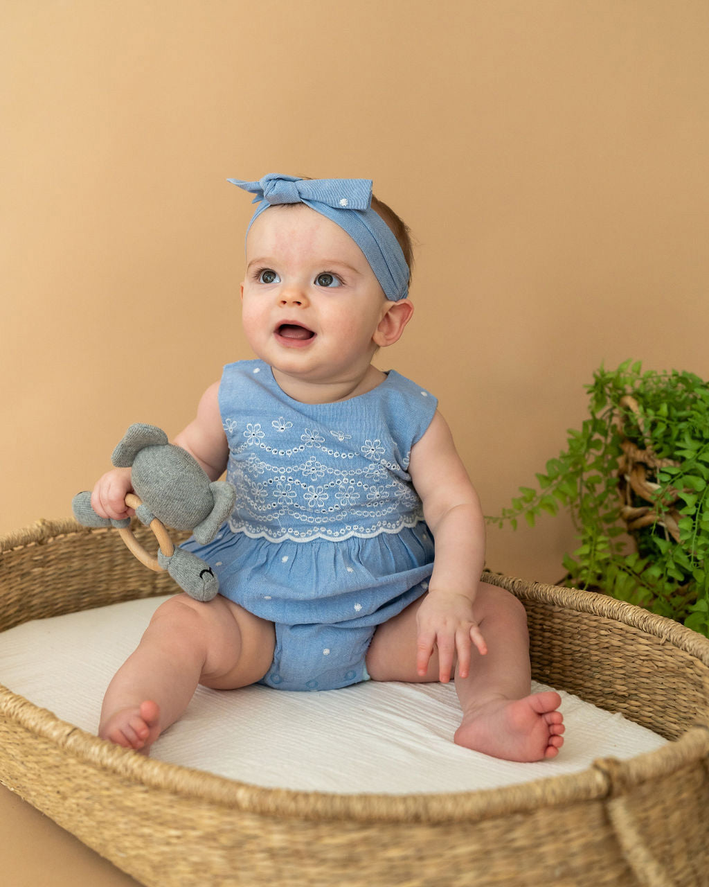 Kaia Chambray Bubble Baby Romper + Headband (Organic Cotton)
