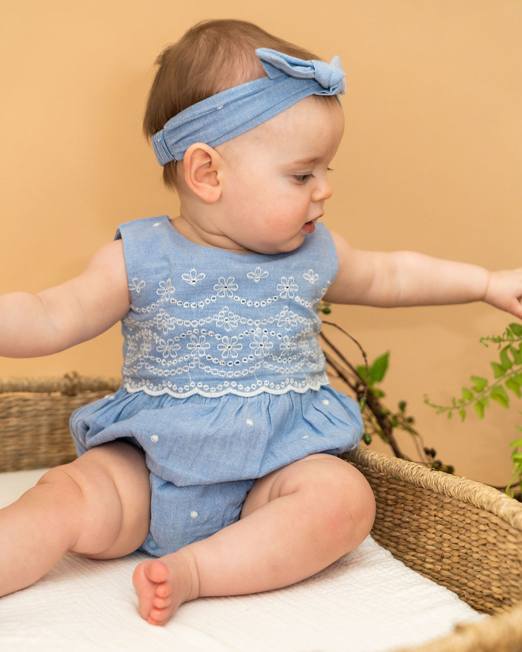 Kaia Chambray Bubble Baby Romper + Headband (Organic Cotton)