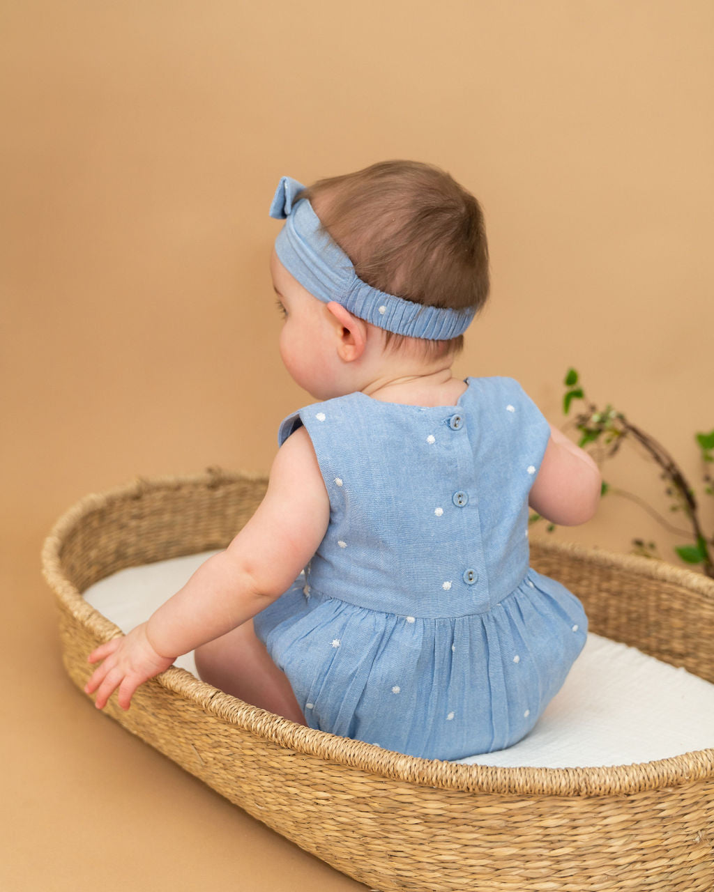 Kaia Chambray Bubble Baby Romper + Headband (Organic Cotton)