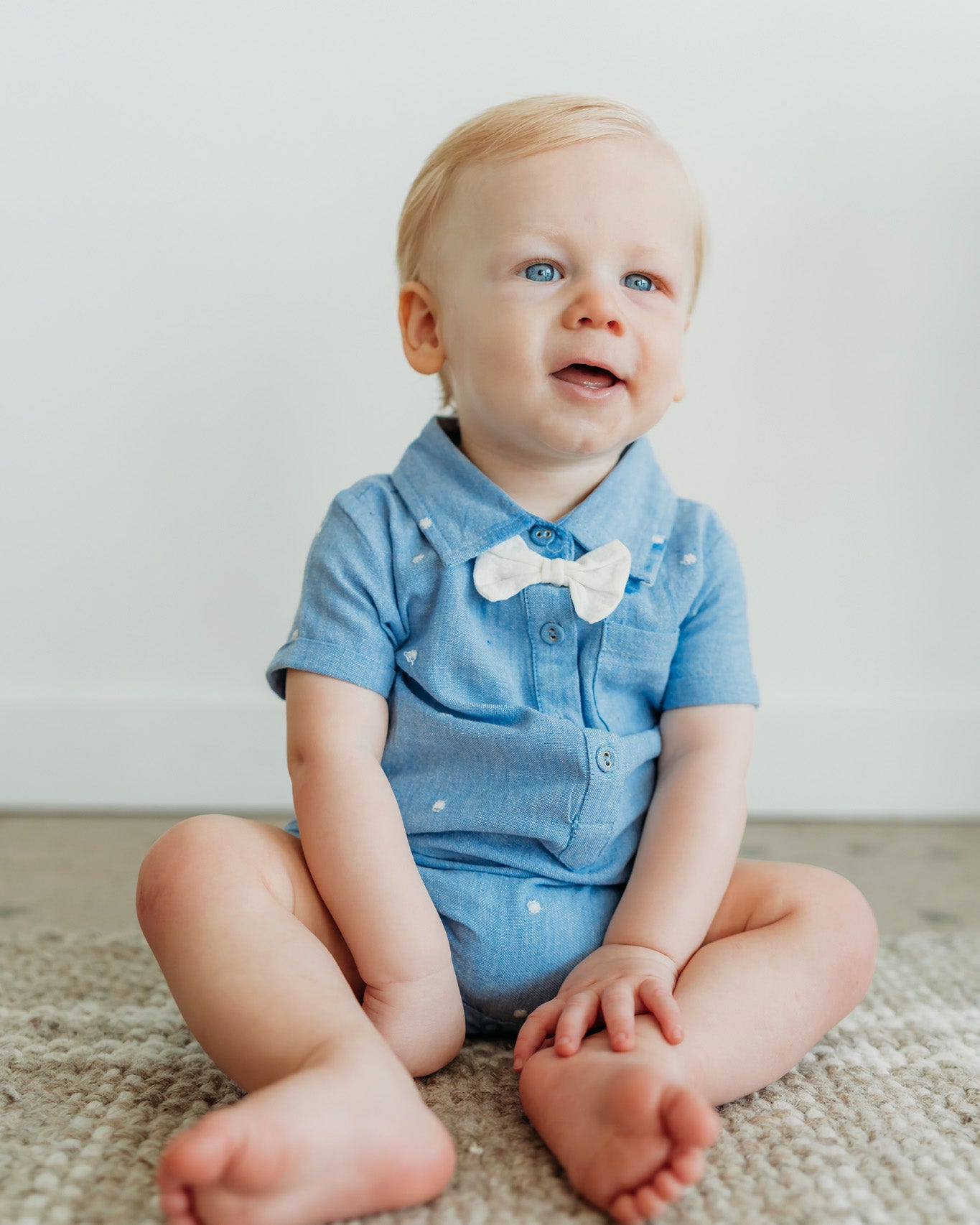 Isla Bowtie Chambray Organic Baby Boy Romper