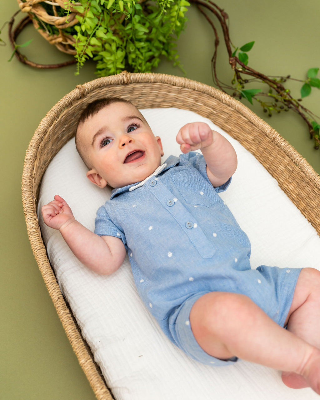 Isla Bowtie Chambray Baby Romper (Organic Cotton)