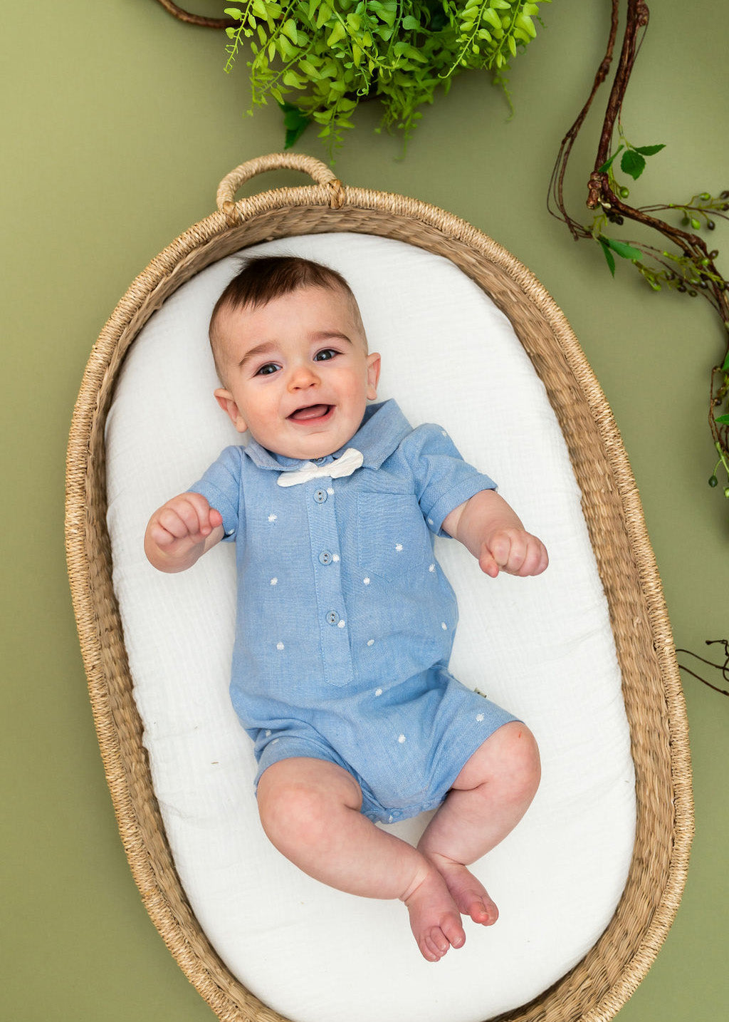 Isla Bowtie Chambray Baby Romper (Organic Cotton)