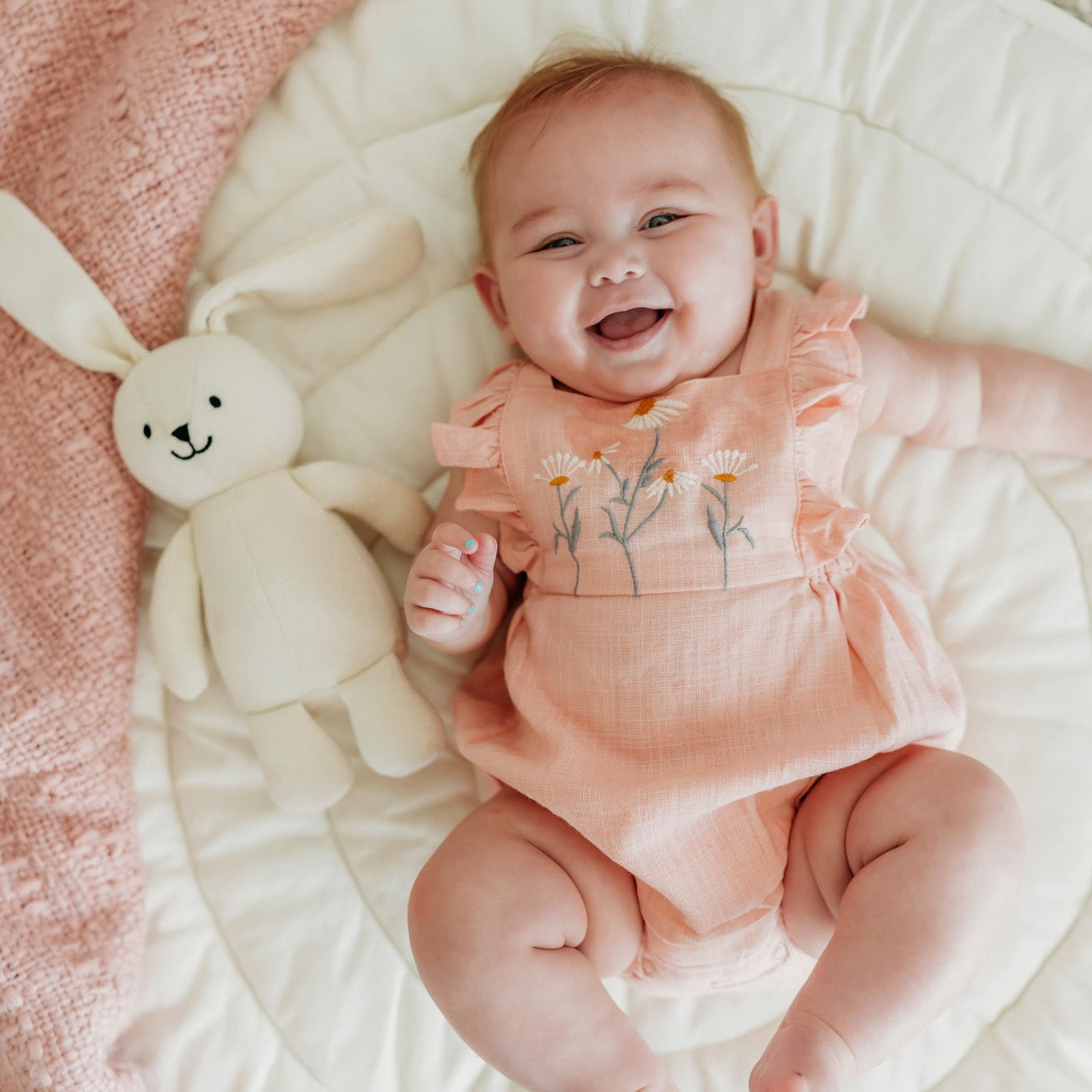 Daisy Linen Blend Embroidered Baby Romper (Natural Linen Blend)