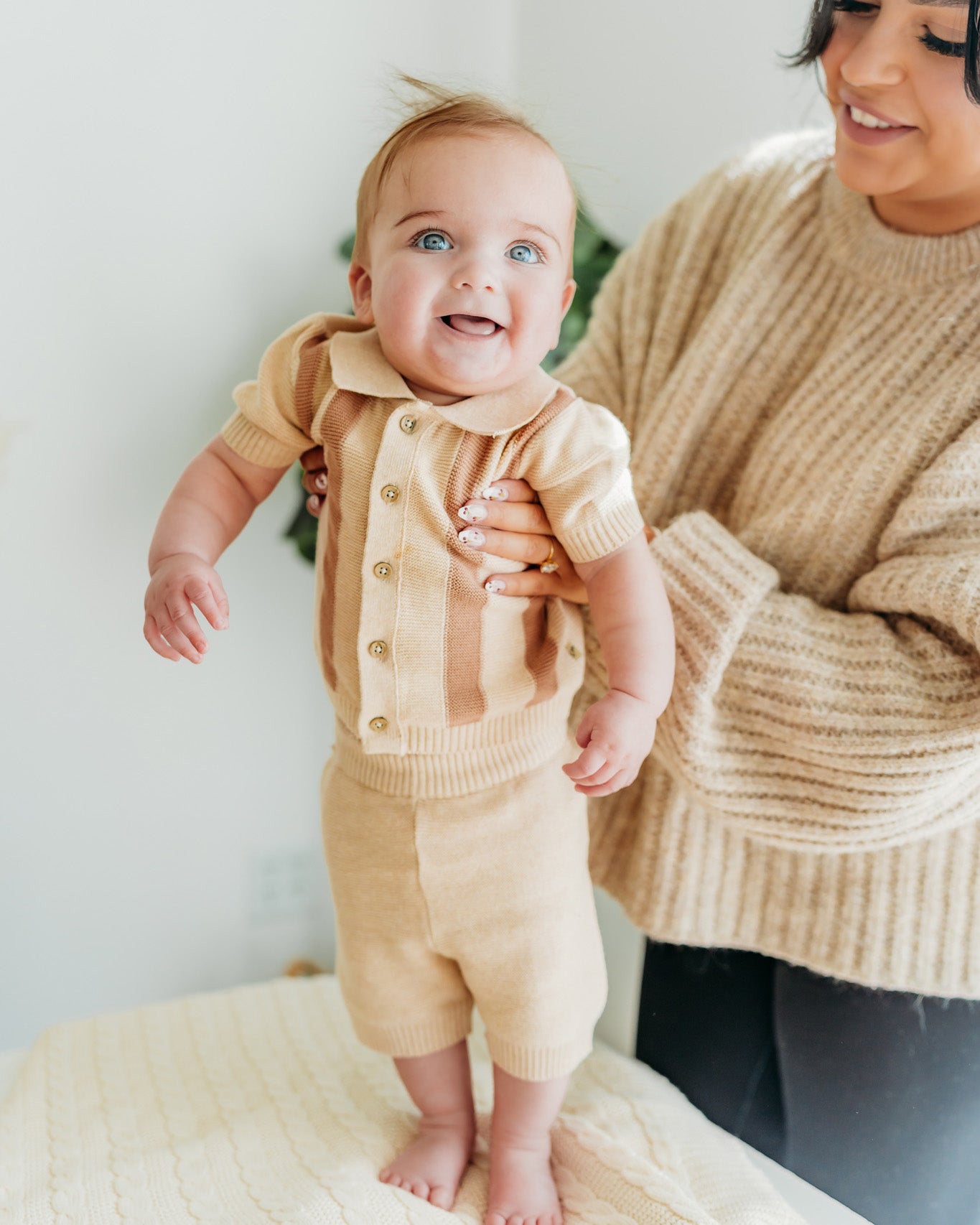 Tennis Collar & Stripe Knit Top & Shorts Set (Organic Cotton) - 2 Colors