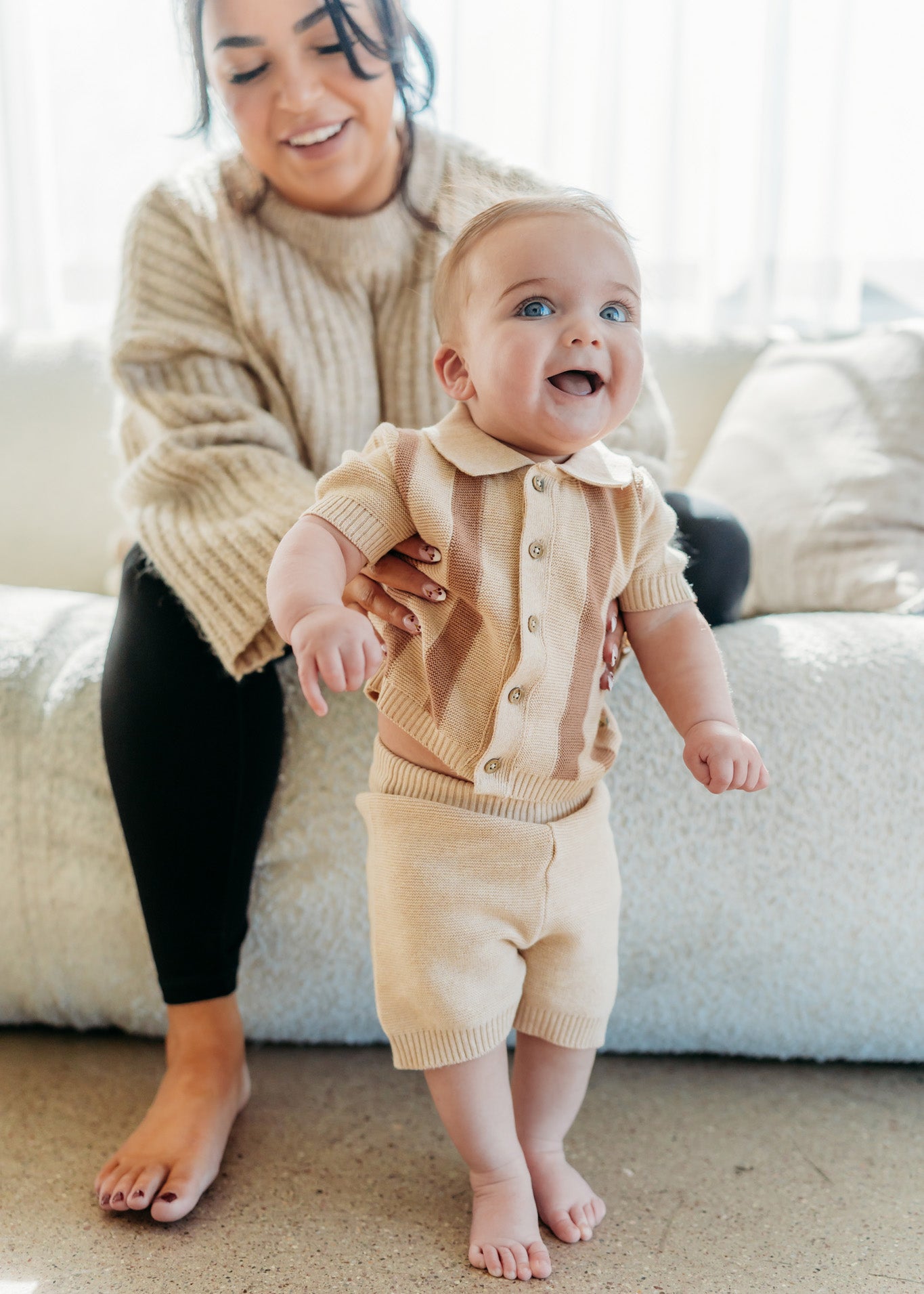 Tennis Collar & Stripe Knit Top & Shorts Set (Organic Cotton) - 2 Colors