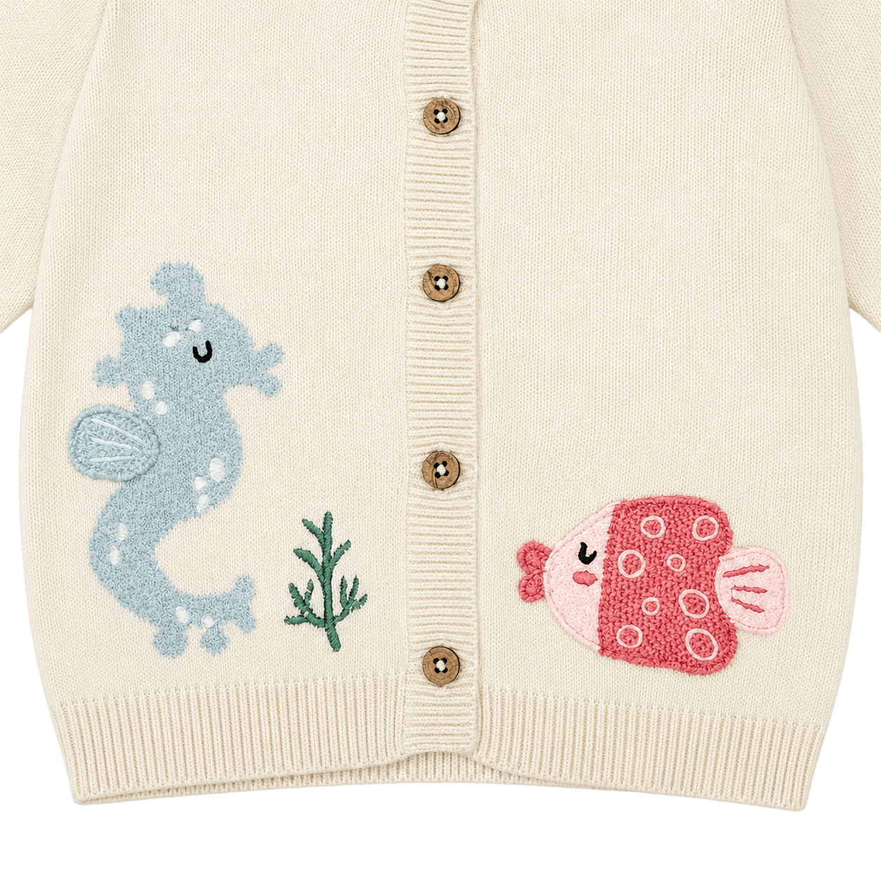 Close up of Ocean Friends Jacquard Knit Baby Cardigan Sweater made of organic cotton