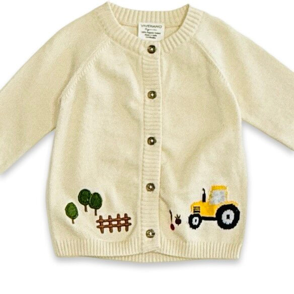 Farm & Tractor Embroidered Sweater Knit Baby Cardigan (Organic Cotton)