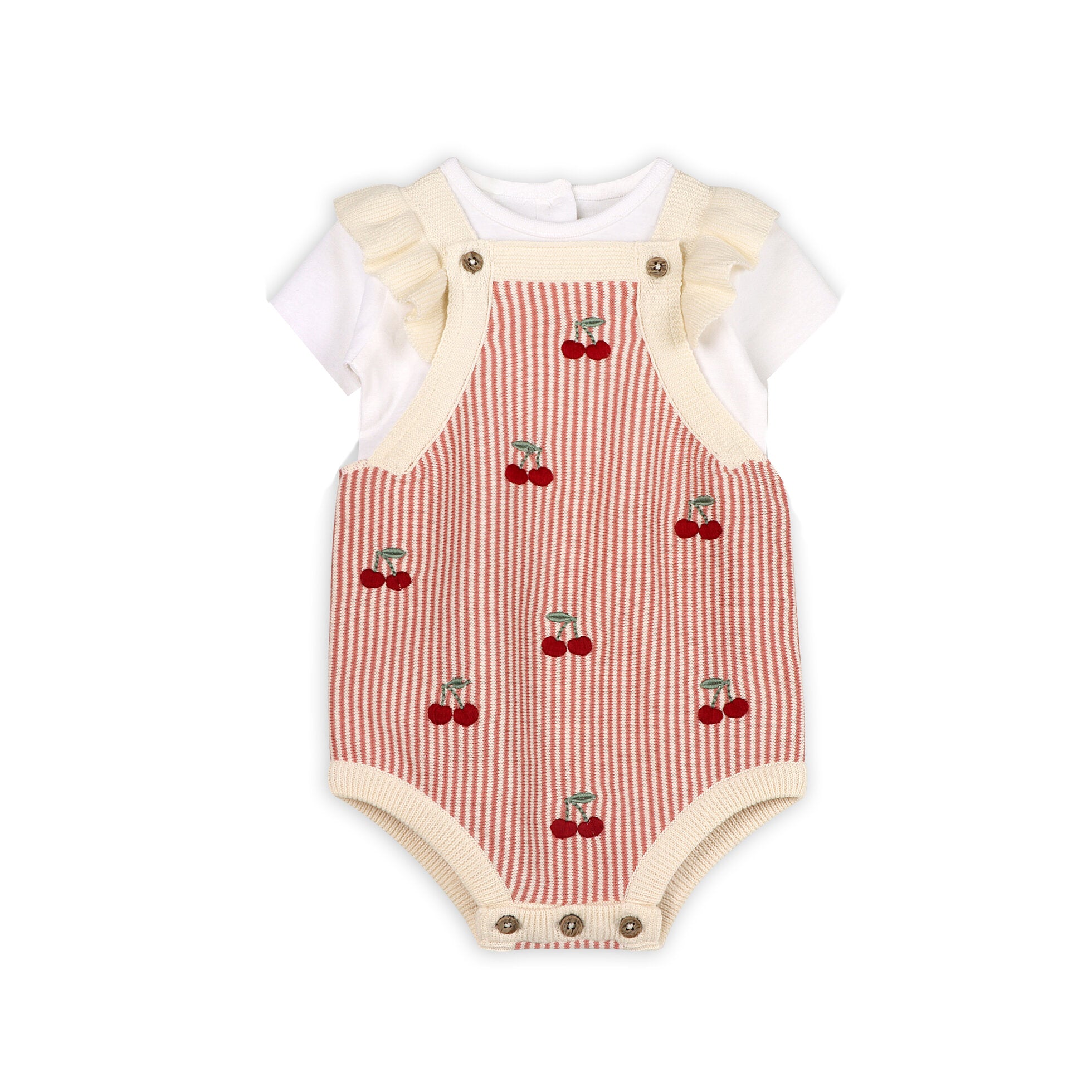 Cherry Stripe Embroidered Baby Ruffle Romper Set (Organic Cotton)